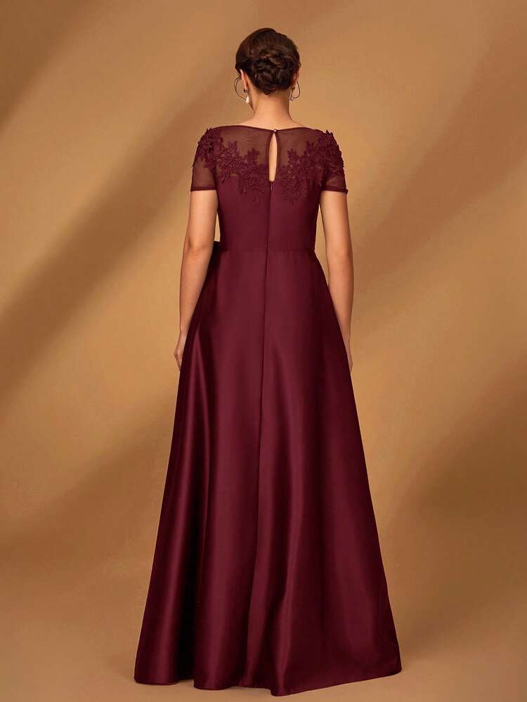 Serin Elegante y lujoso vestido romántico con parches de malla, satén plisado, lujoso con aplicaciones bordadas, manga corta, lazo, bajo en línea A, adecuado para fiesta de noche, cita, vacaciones, baile, festival de música, boda, vestido de madre de la novia, Día de San Valentín - Granate - Añade 7