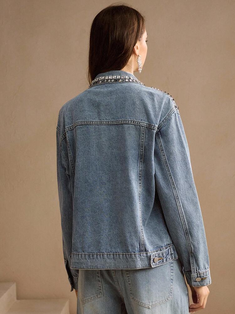 Veste en jean bleu surdimensionnée ornée de diamants, style de rue