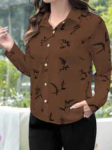 EMERY ROSE Plus Size Women Fall Casual Beige Printed Long Sleeve Shirt - Coffee Brown - View 6