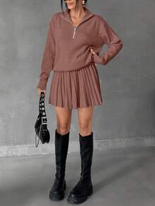 EURMUSE 女士纯色拉链领落肩套头衫和毛衣裙套装 - 藕粉色 - 查看 3