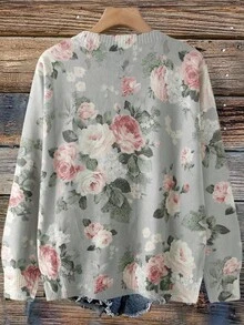 SHEIN Privé 大码女式花卉图案长袖单排扣休闲针织开衫，秋冬 - 墨綠色 - 查看 2