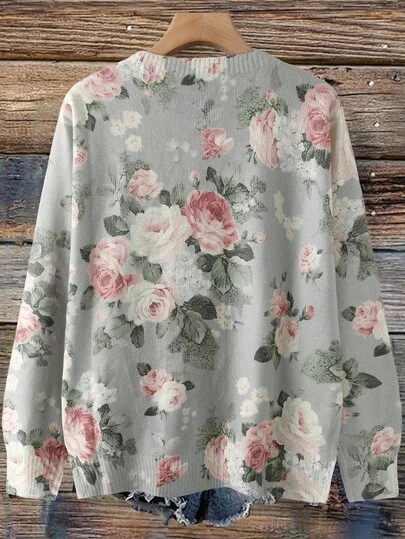 SHEIN Privé Áo khoác cardigan dệt kim tay dài, đơn hàng khuy, họa tiết hoa cỡ lớn dành cho nữ, mùa thu/đông