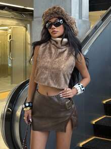 Muchica Women's New Retro Sexy Brown Faux Fur Vest And Slit Mini PU Leather Skirt Set,For Going Out Outfits, Streetwear, Grunge And Punk Chic, Y2K Clothes - Brown - View 3
