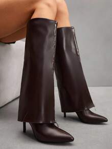SHEIN X Lucía Bellido CUCCOO SZL Fashionable Y2K Versatile Women's Thigh High Boots With High Heels - Coffee Brown - View 6