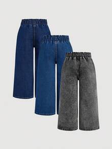 SHEIN Bộ 3 quần denim dáng rộng màu xanh đậm, xanh vừa, xanh nhạt cho bé gái - Nhiều màu - Xem 2