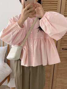 DAZY 休闲风格女式褶皱泡泡袖圆领衬衫，秋季服装 - 淺粉色 - 查看 5