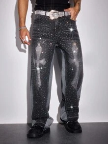 ROMWE MEN Street Life Jeans de moda para hombre con bloques de color y adornos de rhinestones - Negro - Ver 8