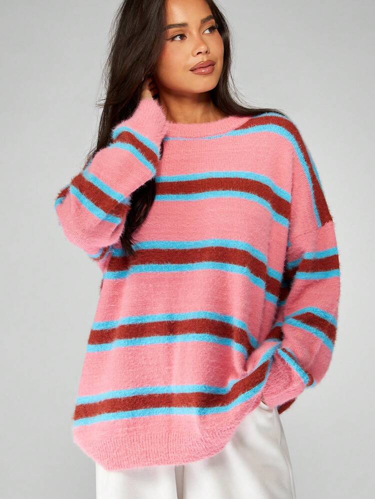 MISSGUIDED Oversized Striped Knit Sweater Winter Fall Casual Pullover Cozy Lounge Wear Warm Comfortable Long Sleeve Crew Neck Jumper Daily Wear Soft Knitted Top