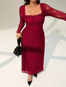 Auralis Christmas Plus-Size Ladies Elegant Dress, Wine Red Dress, Elegant Party Women, Prom Dress, New Year Party Dress, Wedding, Ladies And New Party Date Party Sexy S-Shaped Lace Long Sleeve Breast Cup Fishbone Square Collar Tight-Fitting Hip Black Super Long Dress, Lace Dress, Plus Size Red Dress Curve Elegant Dress Spring - Burgundy - View 6