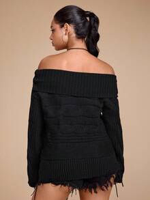 ROMWE Grunge Punk Punk Style Turtleneck Distressed Collar Oblique Shoulder Twist Knit Loose Cross Print Women Sweater - Black - View 6