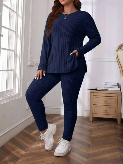 EURMUSE Plus Size Comfortable Knitted Ribbed 2 Pieces Set