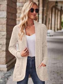 EMERY ROSE Women's Solid Color Long Sleeve Ribbed Pocket Design Casual Regular Jacket, Autumn - Apricot - View 6