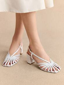 Rosivie 女士户外圆头粗跟金色PU交叉带面料时尚舒适日常派对夜店扣带凉鞋 - 白色 - 查看 8