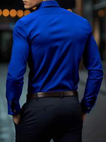 Manfinity Mode Camicia casual versatile da uomo in colore unito, camicia elegante blu reale per uso quotidiano, tempo libero, weekend, attività all'aperto, viaggi, ambienti di lavoro rilassati o occasioni semi-formali, regalo per il fidanzato/marito, regalo per l'anniversario, autunno, top a maniche lunghe