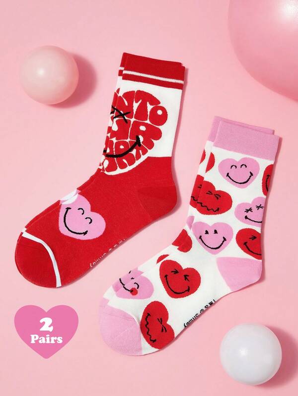 SmileyWorld® | SHEIN 2 Pairs Soft & Breathable Moisture-Wicking Casual Women Mid-Calf Socks Fashionable Cute White & Red Crew Socks Reinforced Toe & Heel For Durability All Season All-Match Summer Winter