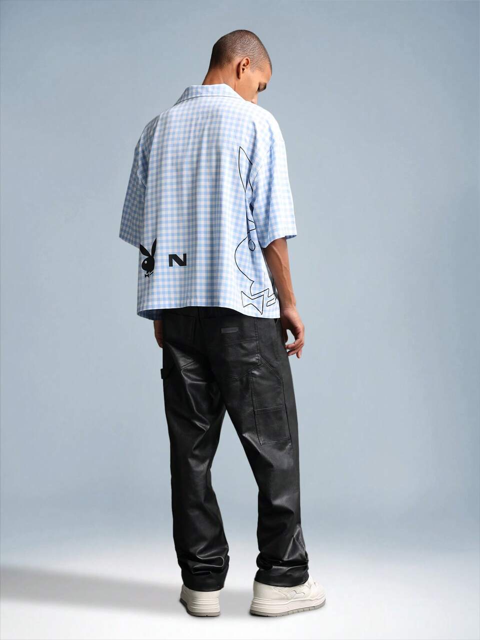 PLAYBOY X SUMWON Lightweight Summer Short Sleeve Gingham Check Button Down Crop Fit Shirt With Bunny Logo Retro Print Side Letter Graphics