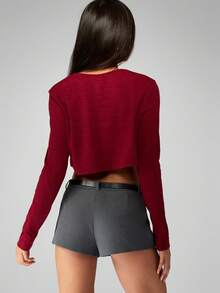 MISSGUIDED 宽松版型纽扣短款开衫，罗纹针织长袖，秋冬休闲毛衣，短款时尚基础款叠穿圣诞单品 - 酒紅色 - 查看 2
