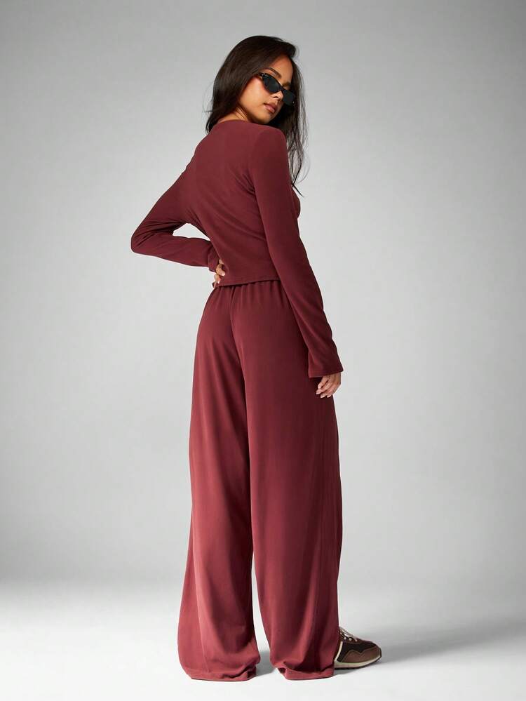 MISSGUIDED Soft Touch Burgundy Button Front Two Piece Set Long Sleeve Crop Top With Wide Leg Palazzo Pants Loungewear Fall Winter Outfit