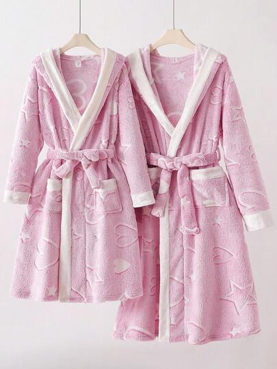 女士休闲柔软抓绒夜光图案法兰绒长款连帽腰带睡袍，秋冬款，蓬松柔软