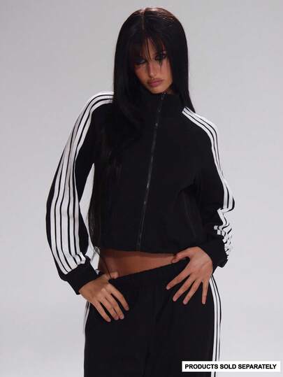 MUSERA 高领撞色条纹包边拉链夹克运动上衣（仅上衣）可爱休闲工作街头风运动职业装商务跑步，优雅春夏