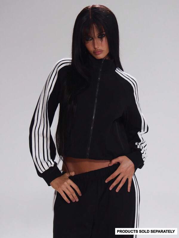 MUSERA Chaqueta con cremallera de cuello alto, con rayas de contraste y ribete, solo parte superior de chándal, linda para otoño, vuelta al colegio, casual, trabajo, ropa deportiva, corporativa, Navidad, elegante