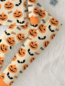 SHEIN Baby Boy Casual Classic Halloween Pumpkin, Bat, Star Print Snug Fit Round Neck Comfortable Long Sleeve Pants Thick Fleece Pajamas Suitable For Autumn/Winter, Halloween Costume Fall - Multicolor - View 5