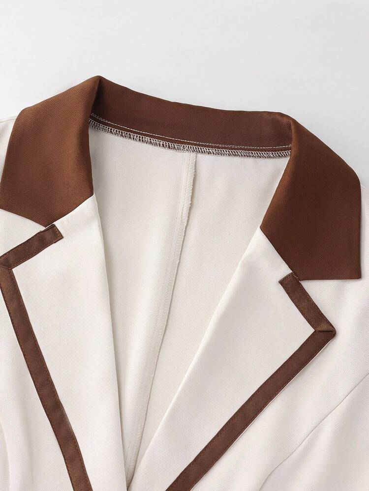 GlowEve Women's Single-Breasted Contrast Trim Blazer & A-Line Skirt Elegant Casual Commute Fashion French Street Vintage Business Holiday Outfit, Apricot Blazer & Brown Skirt, Autumn/Winter 2-Piece Suit - Multicolor - View 4