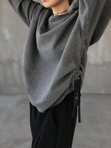 FRIFUL Women's Dark Grey Round Neck Contrast Stripe Decor Side Slit Drawstring Hem Design Cuff & Hem Binding Dropped Shoulder Loose Casual Versatile Long Sleeve T-Shirt, Autumn - Grey - View 4