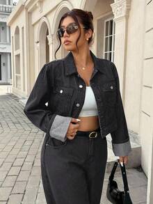 SHEIN ICON Áo khoác denim tay bo cổ cổ điển cỡ lớn, màu xám đậm - Màu xám đen - Xem 7