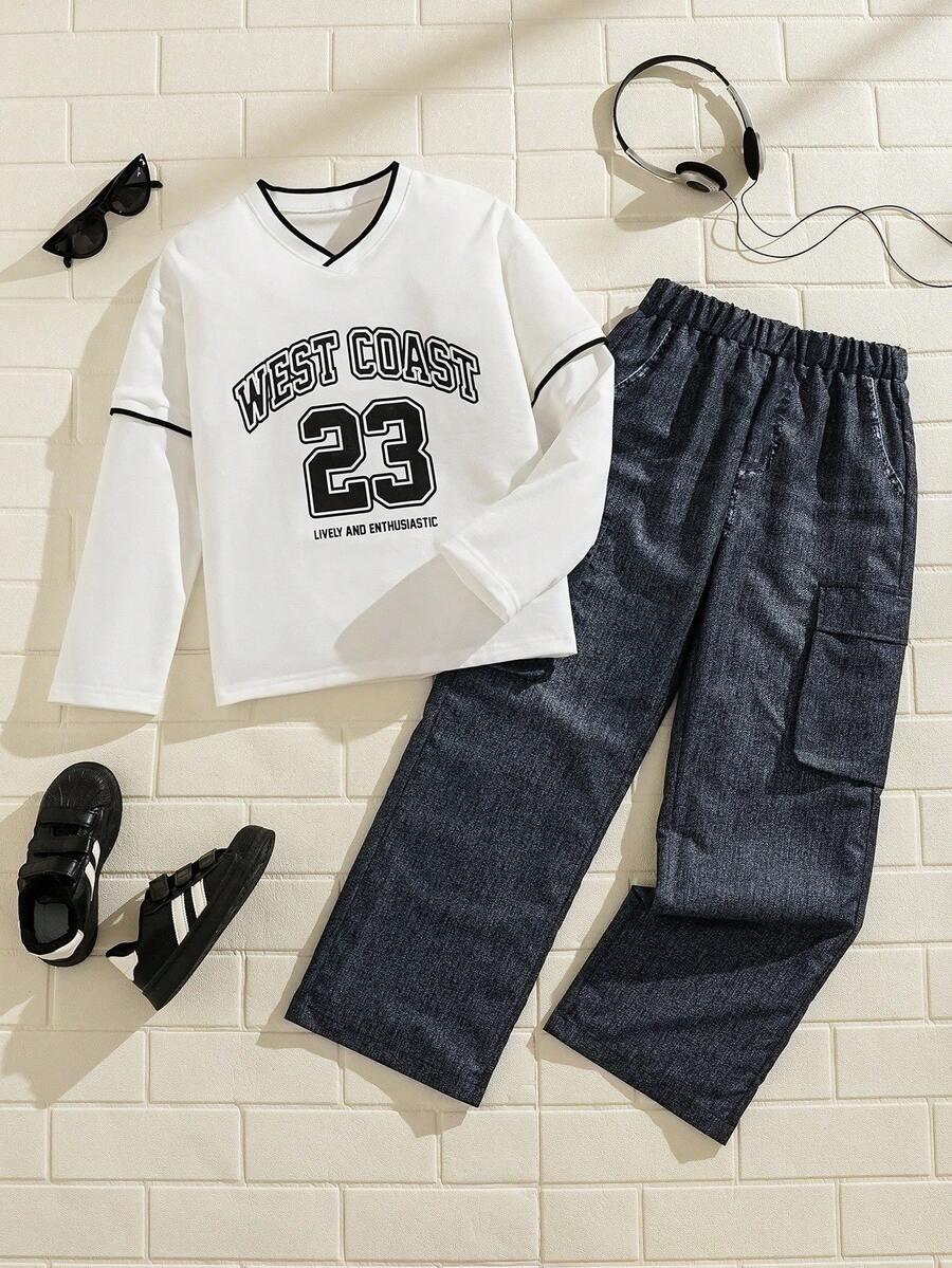 Explorewe 2pcs/Set Casual Fashion Teenager Boys' Colorblock Letter Print Faux Denim Cargo Pants, Loose Fit, Comfortable, Versatile For Daily Wear, Commute, Outdoor, School, Street Style, Party, Suitable For Autumn, Spring, Winter - Multicolor - View 1