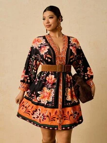 Travachic 大码女式黑黄花卉印花长袖 A 字迷你连衣裙，V 领收腰休闲连衣裙，适合秋季旅行 - 黑色 - 查看 4