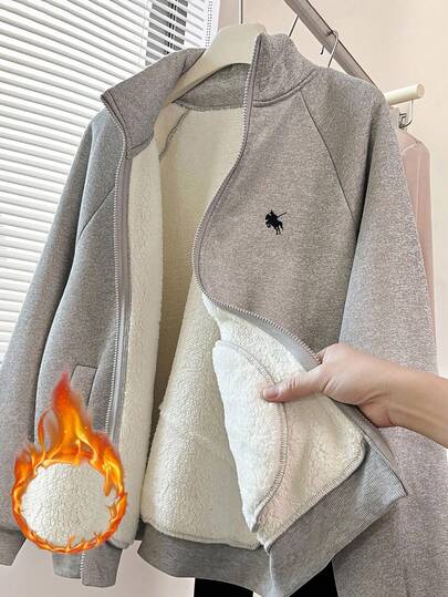 INAWLY 女士加厚仿羊羔绒运动衫夹克，刺绣骏马图案，百搭休闲立领拉链运动衫