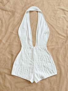 Soleia Women's Vacation White Knit Textured Wavy Pattern Deep V Neck Backless Sexy Bodysuit, Fashionable Fitted For Party, Date, Afternoon Tea, Boho Vacation, Beach, Summer Outfit, Beach Outfit For Women - White - View 2