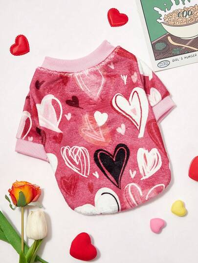 PETSIN 1件宠物猫狗抓绒衫，心形印花，保暖舒适，均码，圣诞节，圣诞装饰