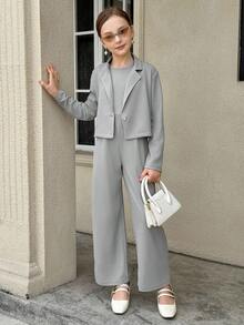 2 件套纽扣领短夹克和直筒连体裤套装 - 灰色 - 查看 1