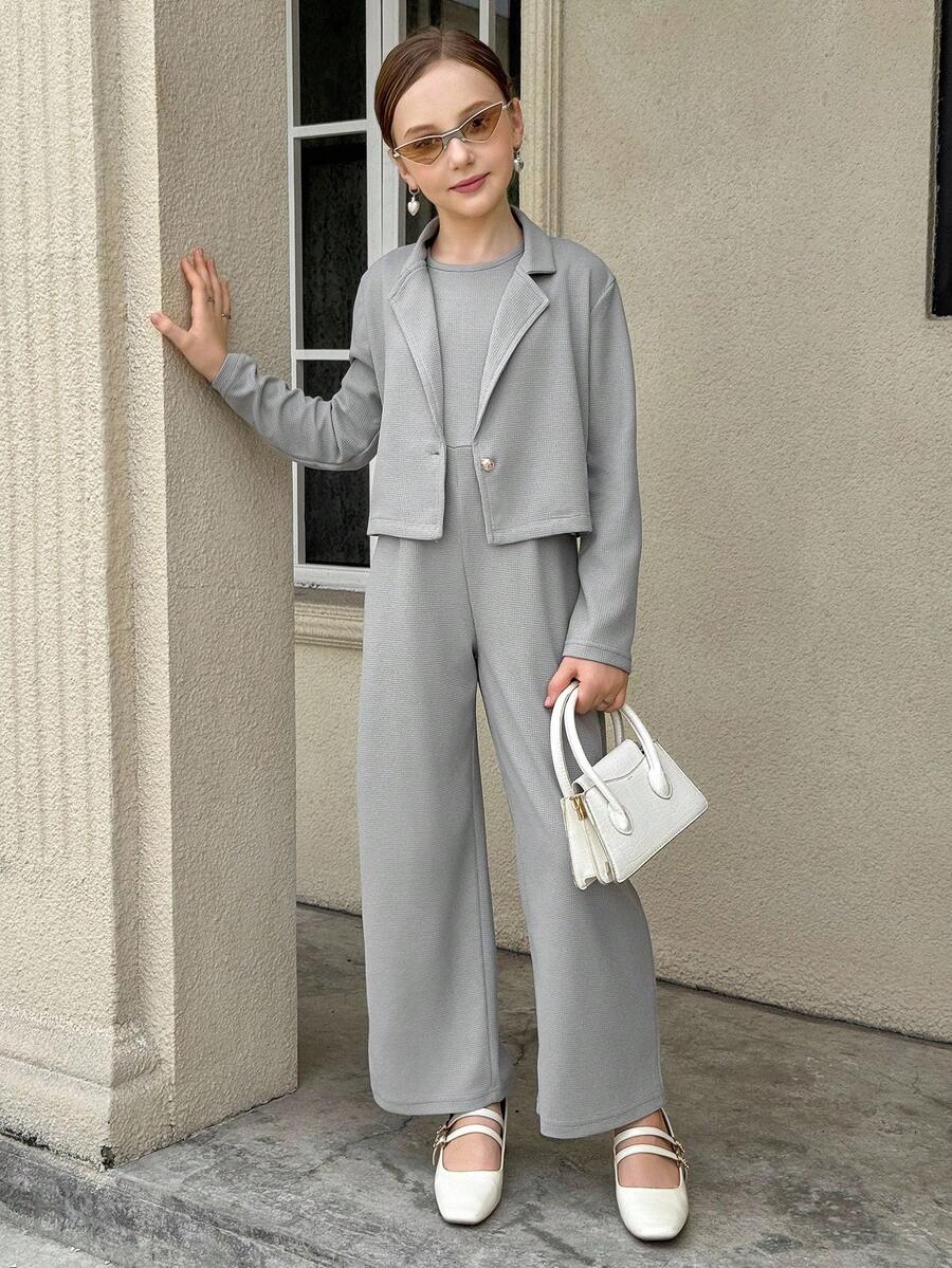 2 件套纽扣领短夹克和直筒连体裤套装 - 灰色 - 查看 1