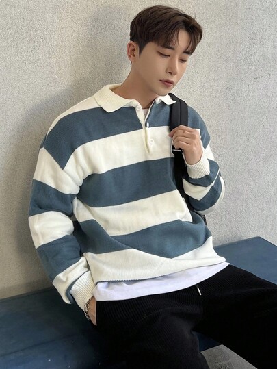 DAZY Men's Back To School Striped Polo Collar Sweater,Fall Clothes