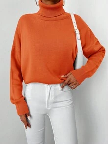 EURMUSE Turtleneck Drop Shoulder Sweater - Orange - View 5