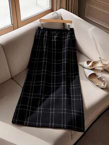 Regalyn Plus Size Women Wool Blend Button Decor Plaid Skirt Fall Cloth For Women