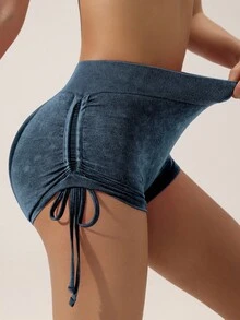 Slayform Slayform Short de sport sans couture à haute élasticité avec cordon de serrage latéral pour soulever les fesses - Bleu marine - Voir 7