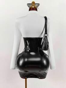 Amplova 女式拼色立领长袖 PU 皮革拼接修身时尚迷你连衣裙 - 黑與白 - 查看 8