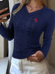 SHEIN EZwear 女式海军蓝V领长袖修身休闲毛衣，秋季 - 藏蓝色 - 查看 3