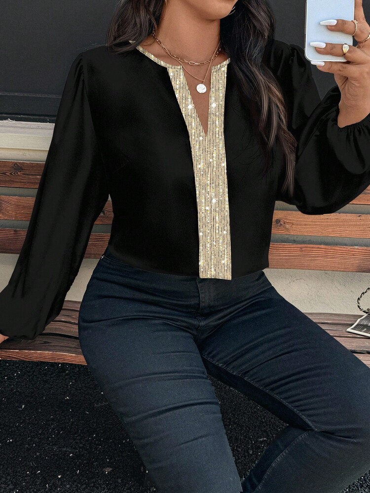 SHEIN Clasi Plus Size Autumn Casual Sequin Patchwork Notch Collar Shirt Chic Blouses For Women - Black - View 4
