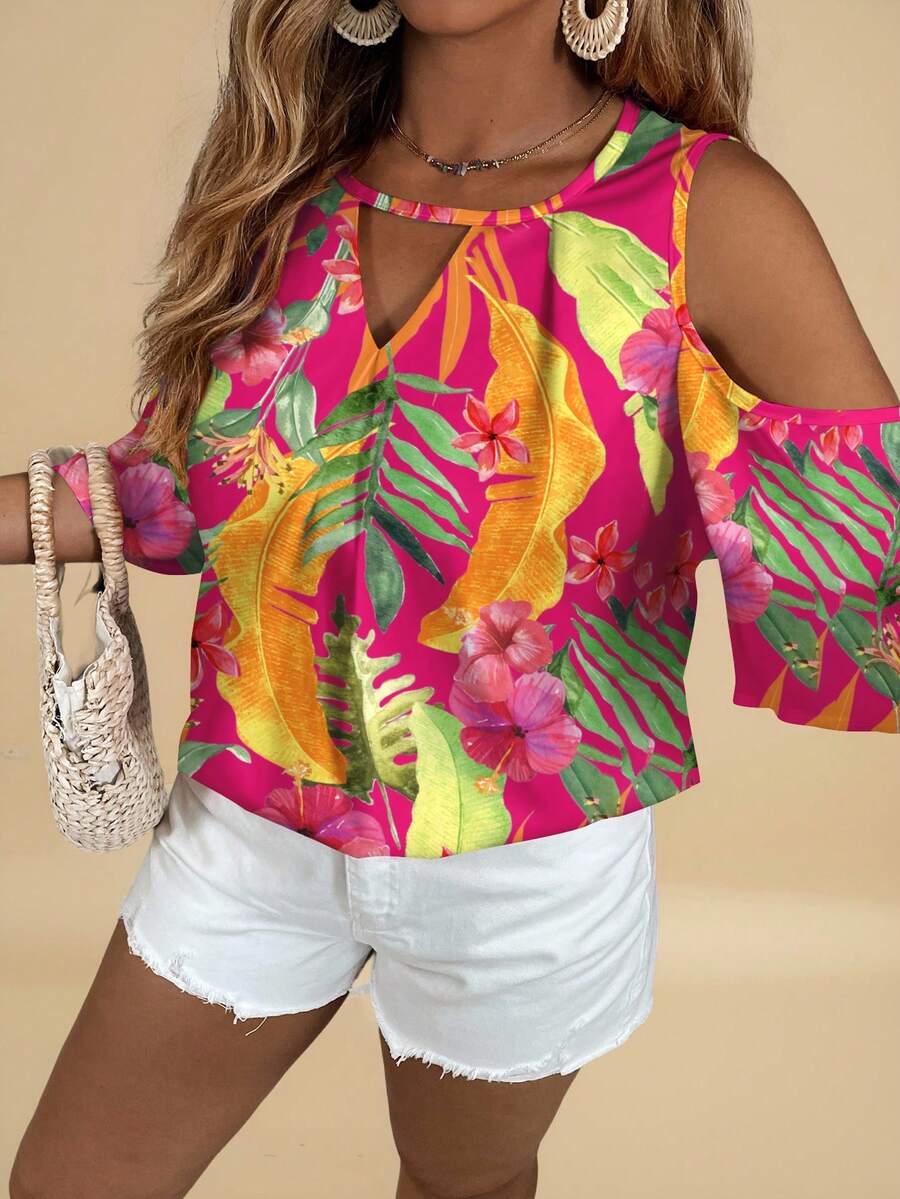 Travachic Áo sơ mi rộng rãi in họa tiết hoa nhiệt đới cỡ lớn, trang phục đi nghỉ - Nhiều màu - Xem 1