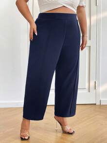 SHEIN CURVE+ Quần ống đứng màu đen thanh lịch cỡ lớn dành cho nữ, thích hợp để đi làm - Màu xanh hải quân - Xem 3