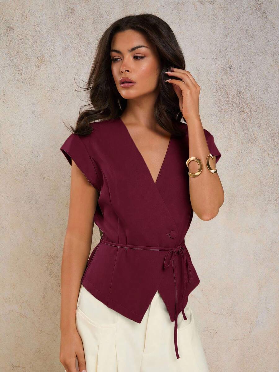 COSMINA Atasan Wanita Elegan Model V-Neck dengan Ikat Pinggang, Musim Semi/Panas, Warna Merah - Burgundy - View 1