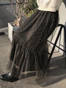 FRIFUL 女士弹力腰带透视豹纹褶裥下摆休闲百搭半身裙，秋冬款