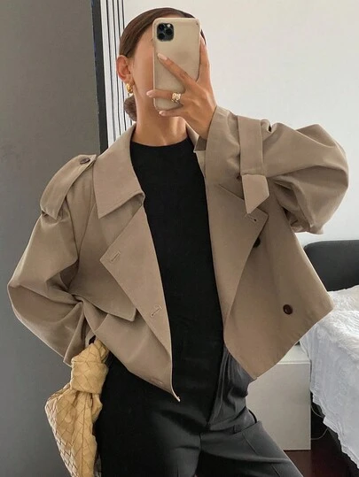 Livesso Áo khoác trench coat ngắn thường ngày cho nữ, áo khoác mới về mùa thu