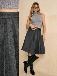 Poéselle Women's Skirts, Tweed Skirts, Asymmetrical Design, Gray Midi Skirts, Women's Bottoms, Warm Women's Casual Commuter Collegiate Style Zip-Up Pleated Knee-Length A-Line Skirt, Autumn/Winter (Belt Not Included) Women's Bottoms Long Skirts Fall Clothes For Women Autumn Outfits For Women Winter Clothes For Women Women's Winter Clothes
