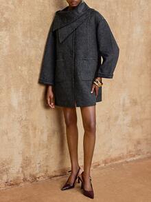 Lumalex VITNOS 新款奢华羊毛大衣，秋冬高端休闲宽松长袖双面女式外套，配围巾，秋季新款女装，冬季，休闲优雅，时尚秋季，周末度假，晚宴，秋冬工作装，今冬时尚单品，御寒外套，新年，生日礼物，冬季奢华外套，适合约会、外出、夜生活、婚礼、假日、生日等场合，温暖舒适的秋冬女装 - 黑色 - 查看 7